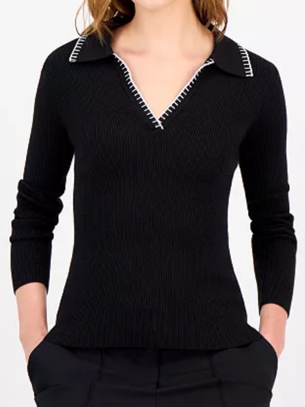 Tahari Black Long-Sleeve Whipstitch Polo Collar Pullover Sweater